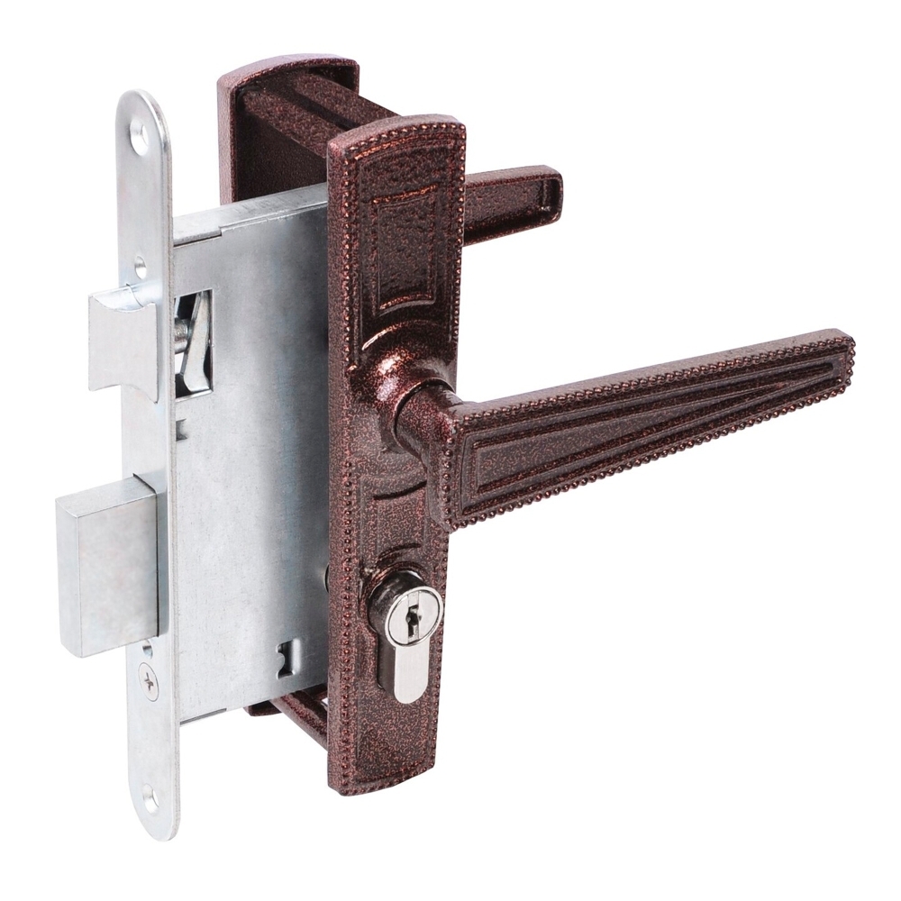 Фото Замок врезной цилиндровый с защёлкой в комплекте с ручкой ЗВ4-3/01 (медь антик), 4 кл.